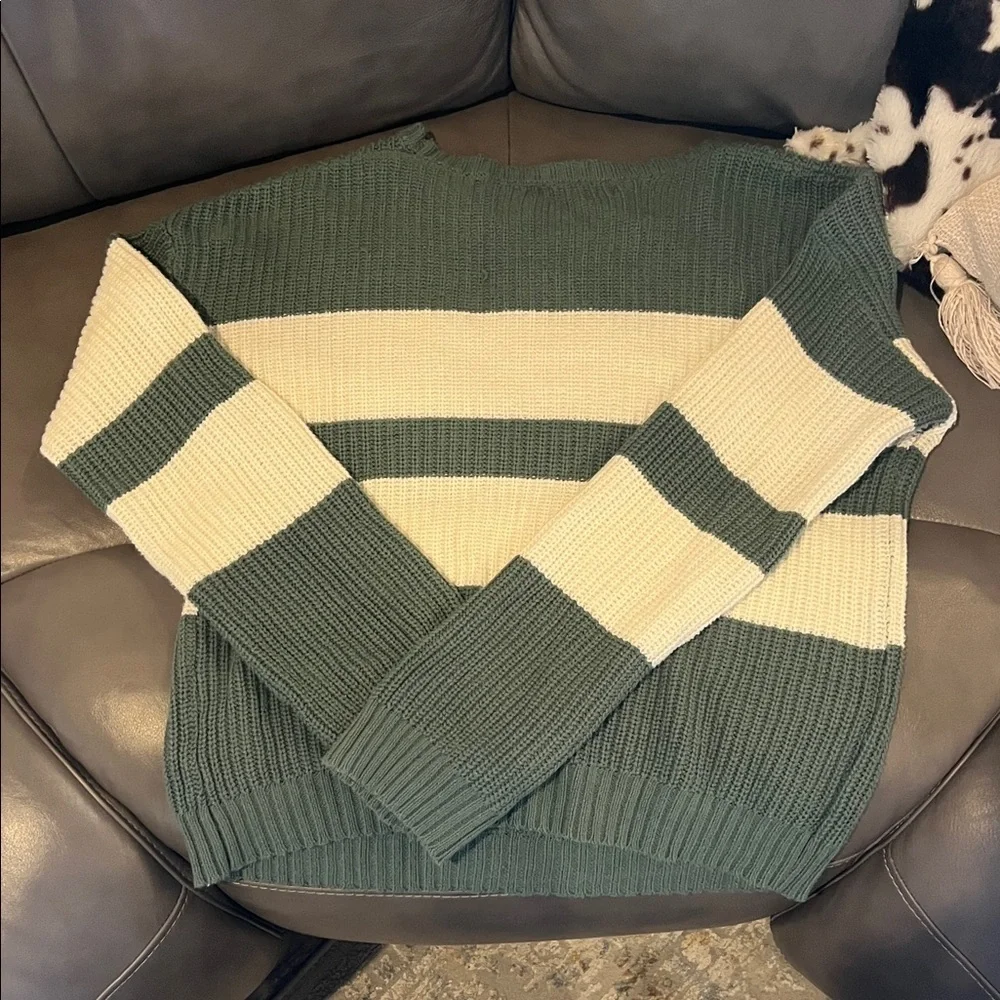 Cozy Kids Striped Sweater - Green and Cream - Picture 2 of 4